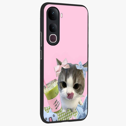 Love Matcha Cat Glass Case upright view showcasing adorable cat artwork with charming matcha themed design.