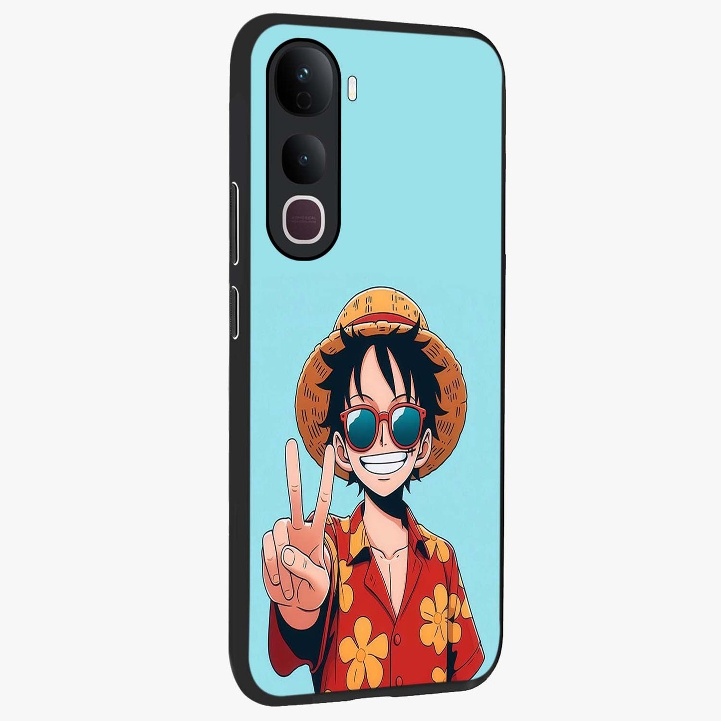 Luffy Summer Anime Vibe Glass Case upright view showcasing dynamic anime artwork with bright adventurous theme.