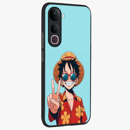 Luffy Summer Anime Vibe Glass Case upright view showcasing dynamic anime artwork with bright adventurous theme.