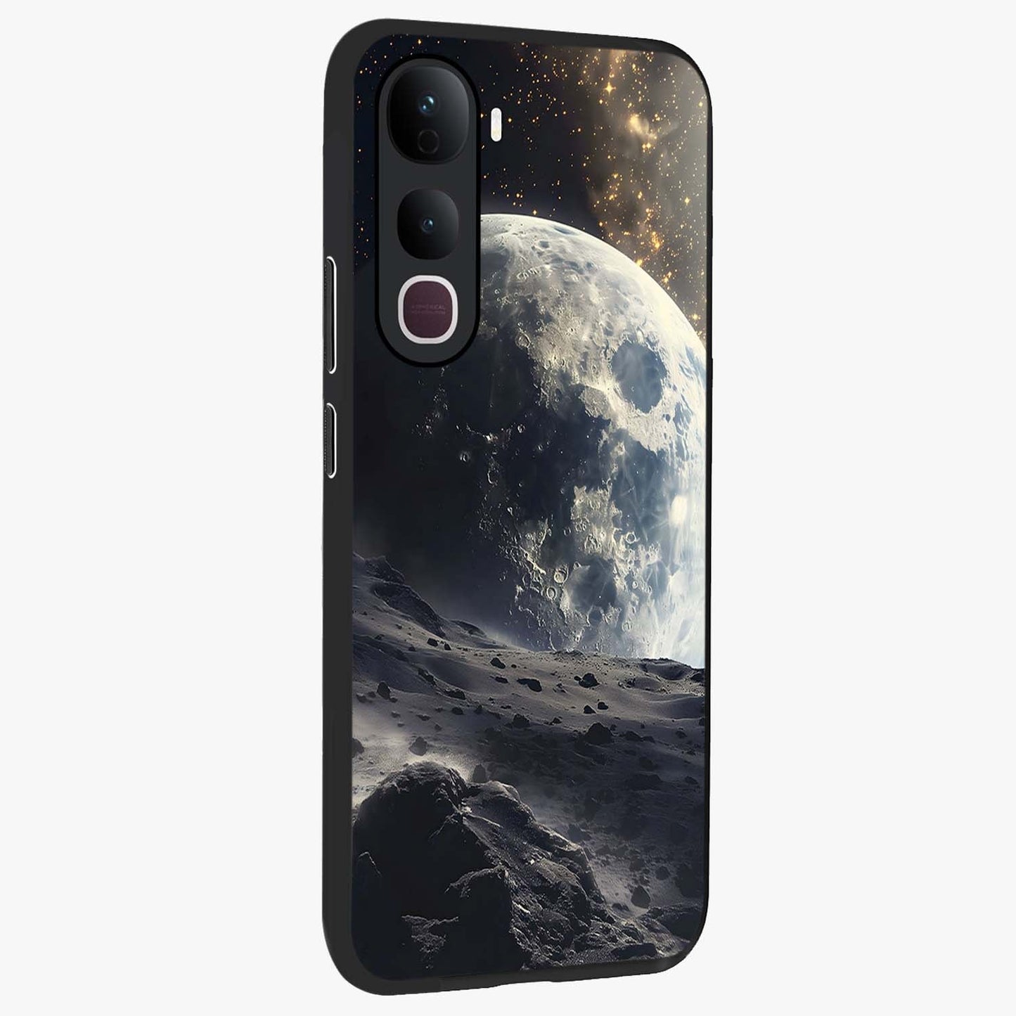 Lunar Horizon Glow Glass Case upright view showcasing radiant lunar artwork with calm cosmic theme.