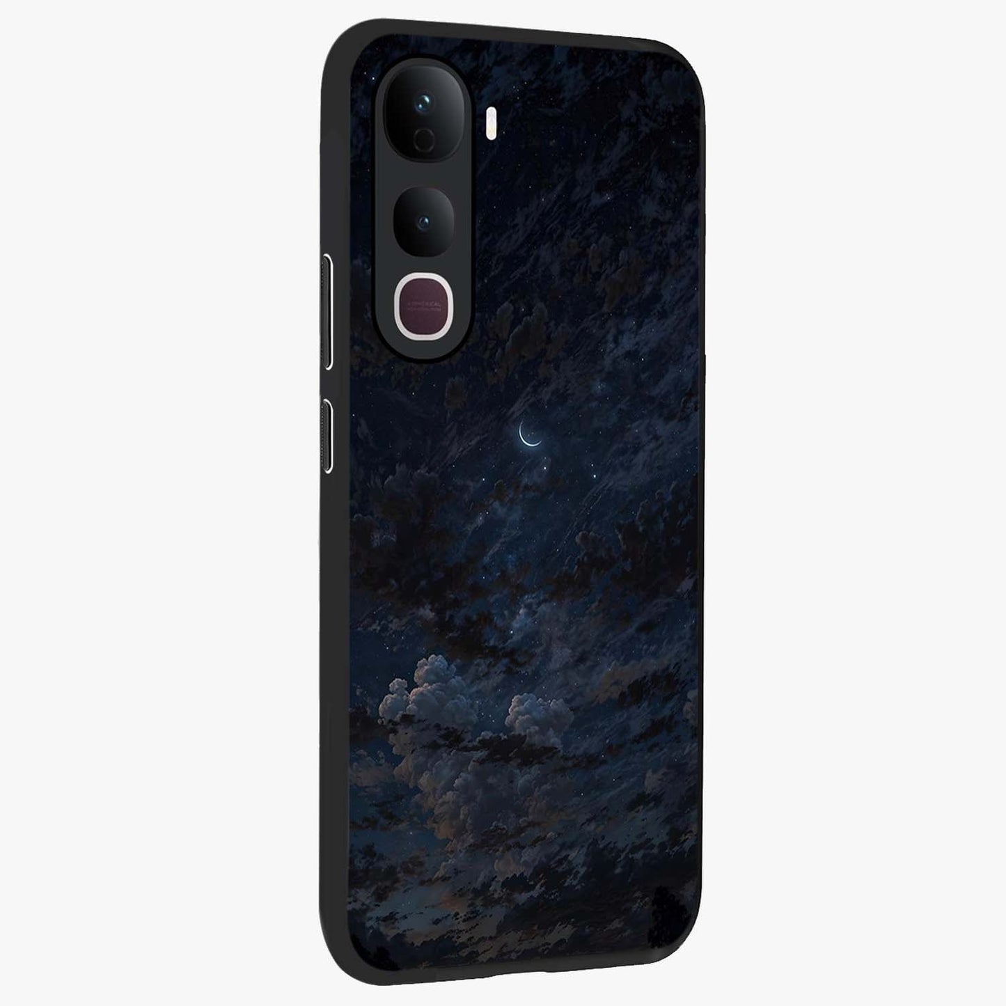 Lunar Veil Silence Glass Case upright view showcasing calm moon themed artwork with serene night atmosphere.