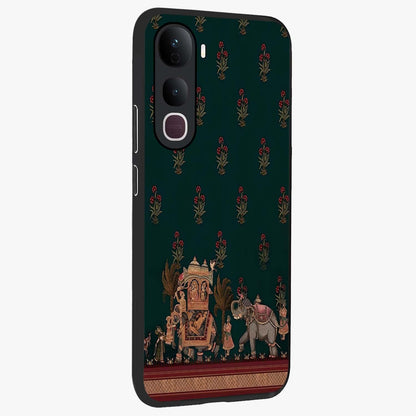 Macmerise Glass Case upright view showcasing bold artistic artwork with contemporary design theme.