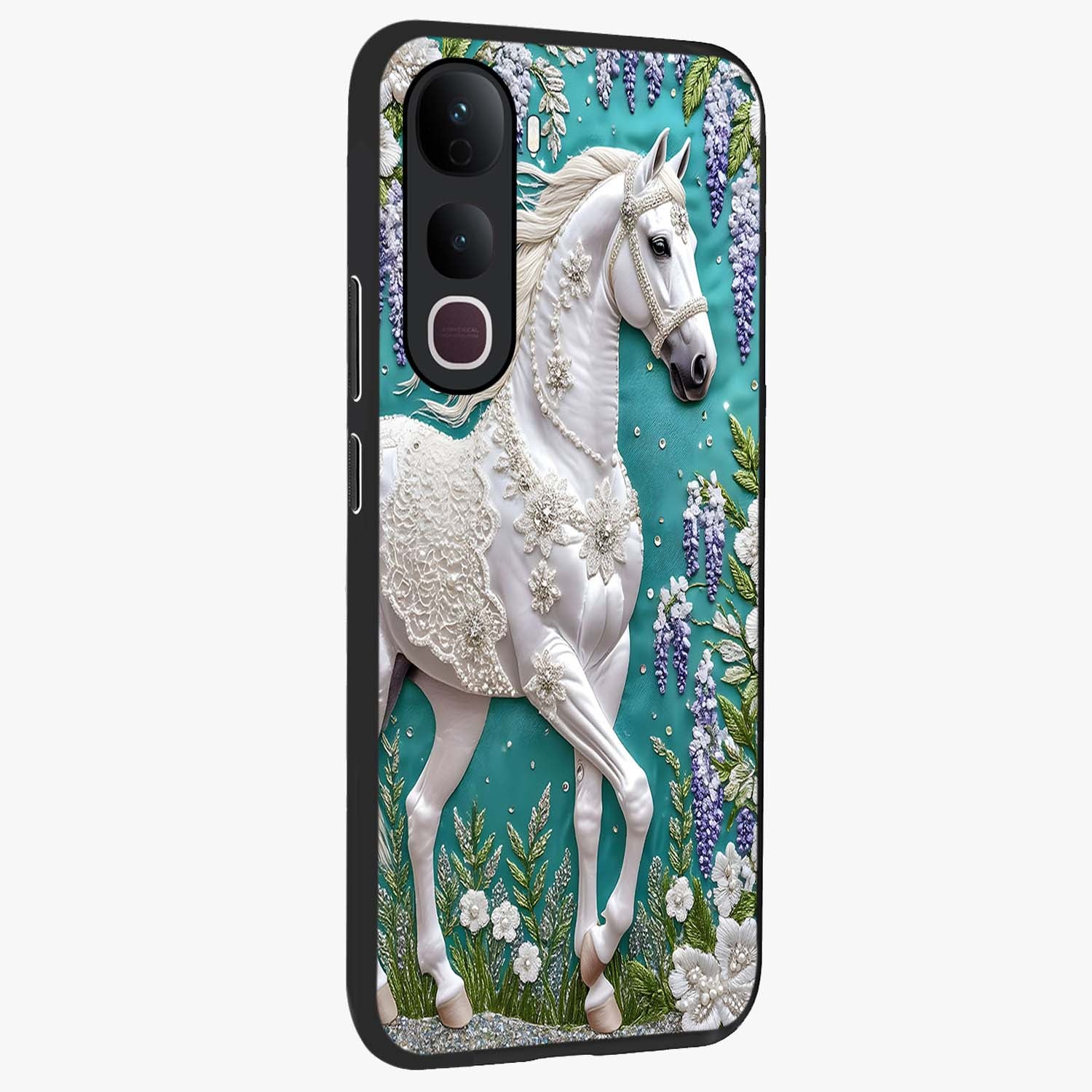 Majestic Floral Stallion Glass Case upright view showcasing dramatic horse artwork with decorative floral theme.