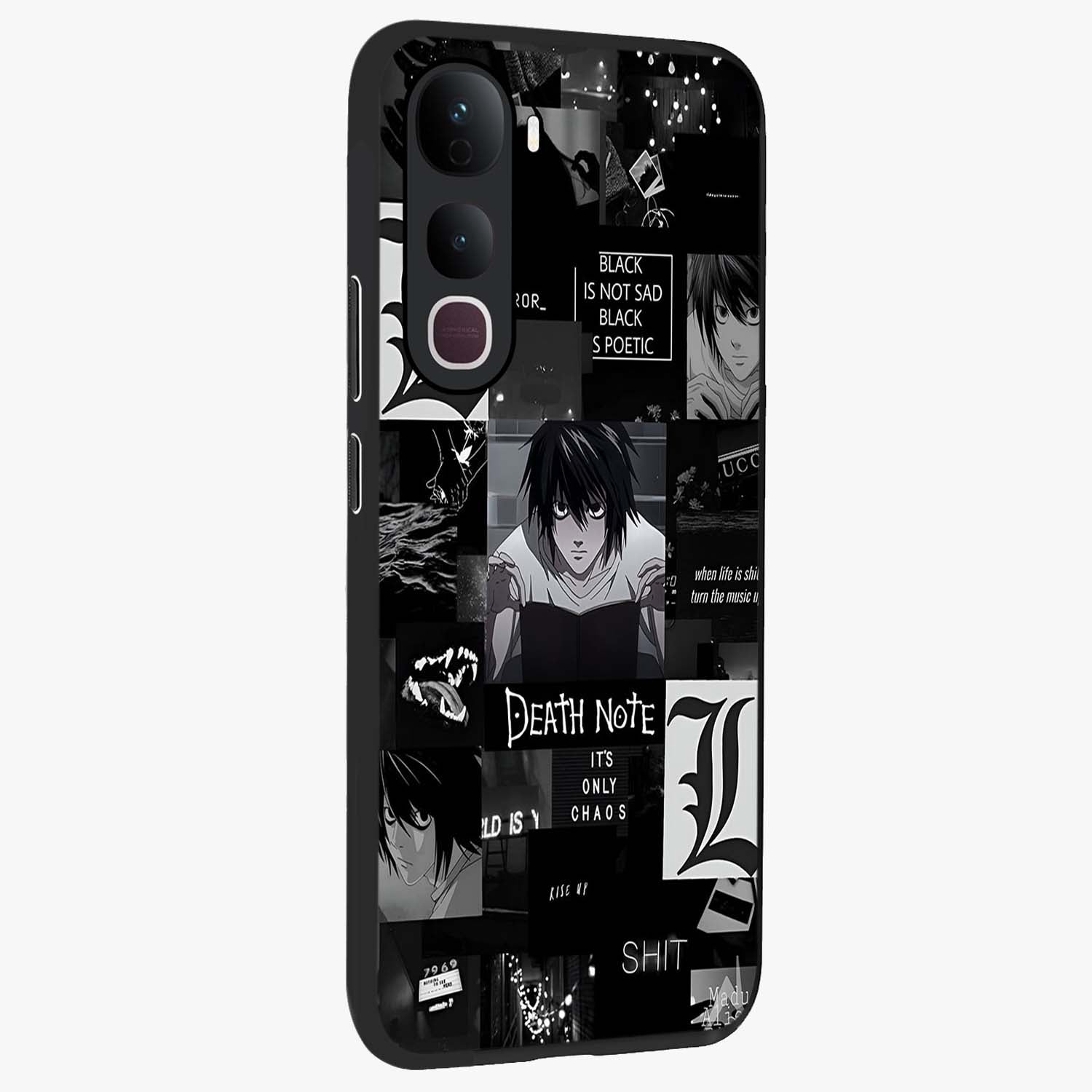 Midnight Chaos Mind Glass Case upright view showcasing expressive abstract artwork with bold dark theme.