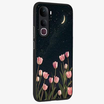 Midnight Tulip Whispers Vibe Glass Case upright view showcasing graceful tulip artwork with calm botanical theme.