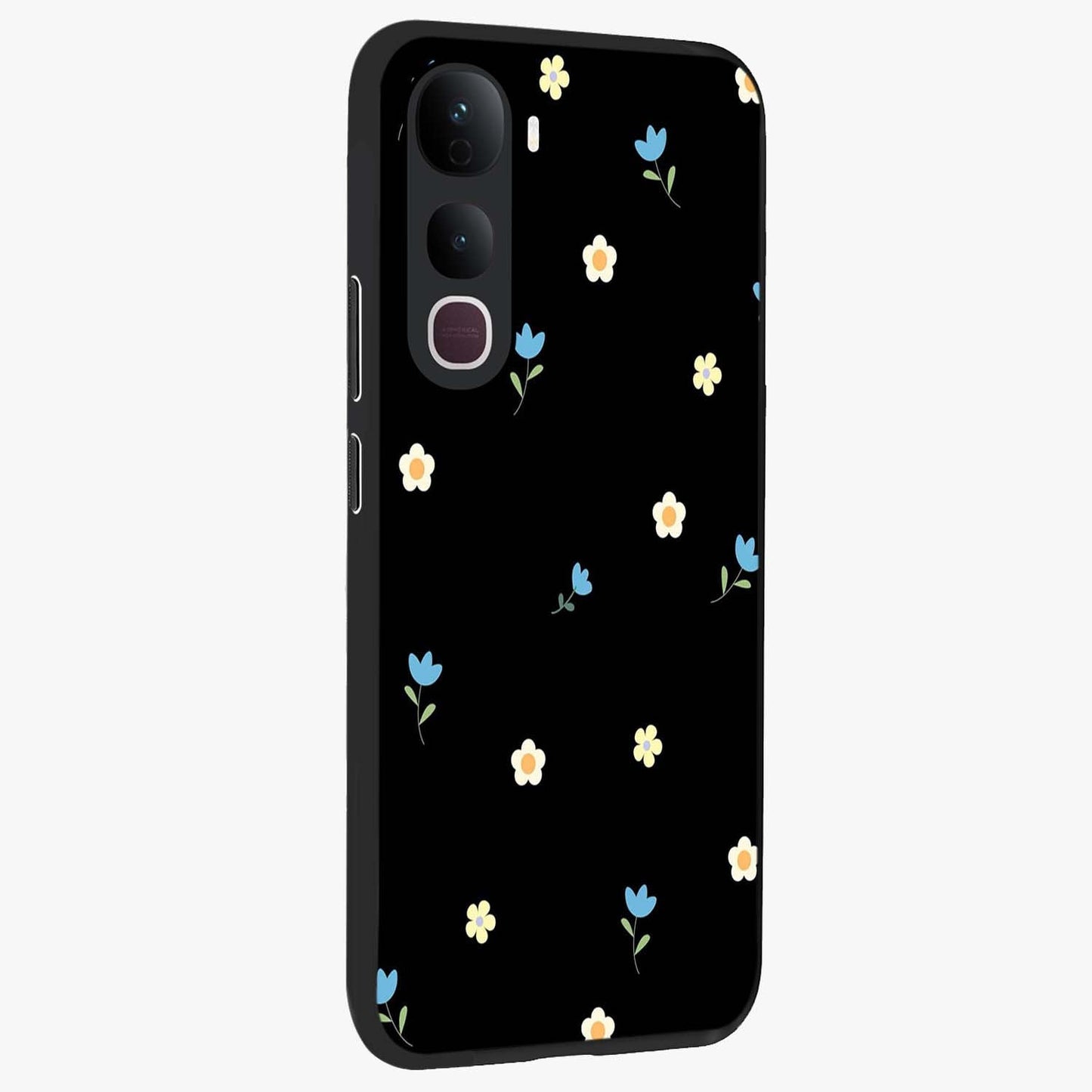 Minimal Petal Whispers Glass Case upright view showcasing elegant floral artwork with modern minimalist style.