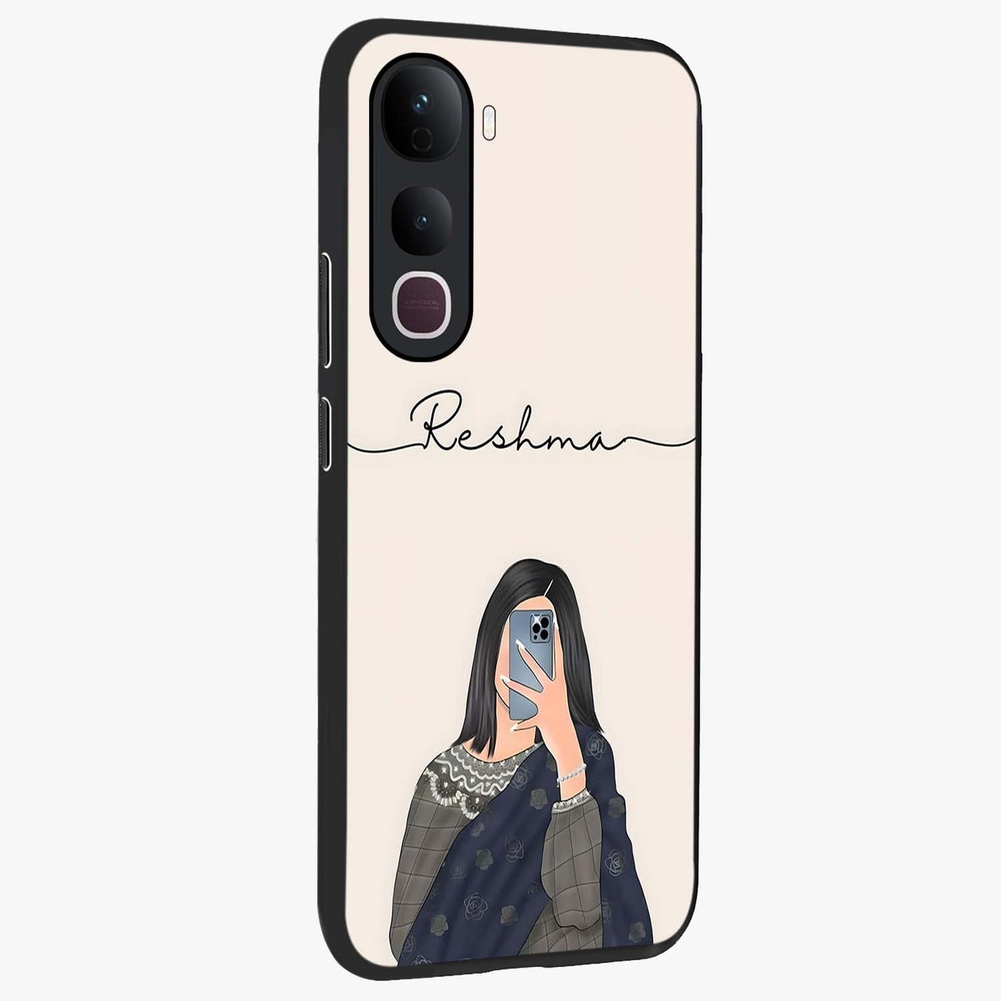 Mirror Mood Muse With Custom Name Glass Case upright view showcasing artistic mirror themed artwork with personalized aesthetic.