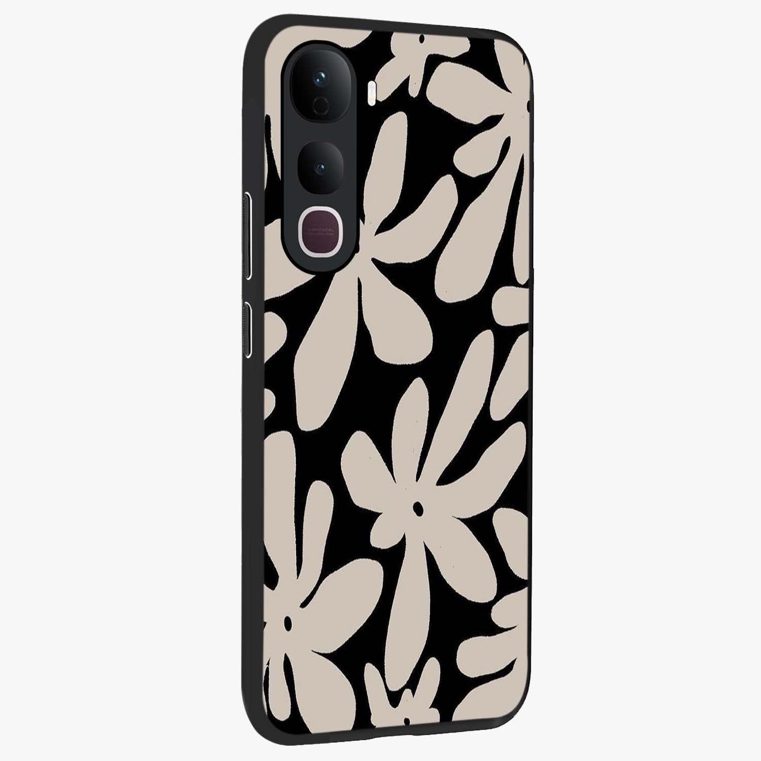 Monochrome Petal Dance Glass Case upright view showcasing artistic floral pattern with stylish monochrome theme.
