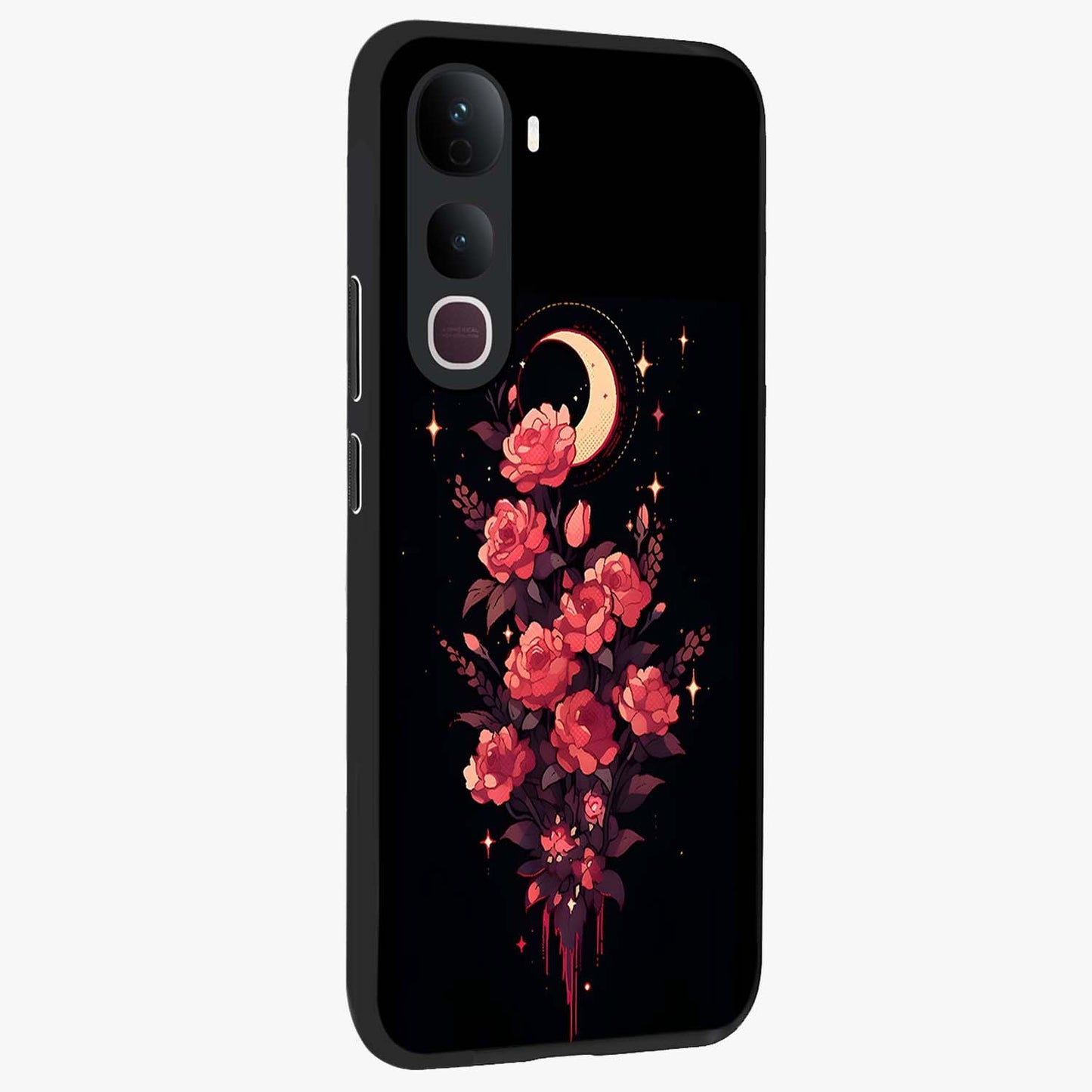 Moonlit Floral Elegance Glass Case upright view showcasing delicate floral artwork with refined night inspired theme.