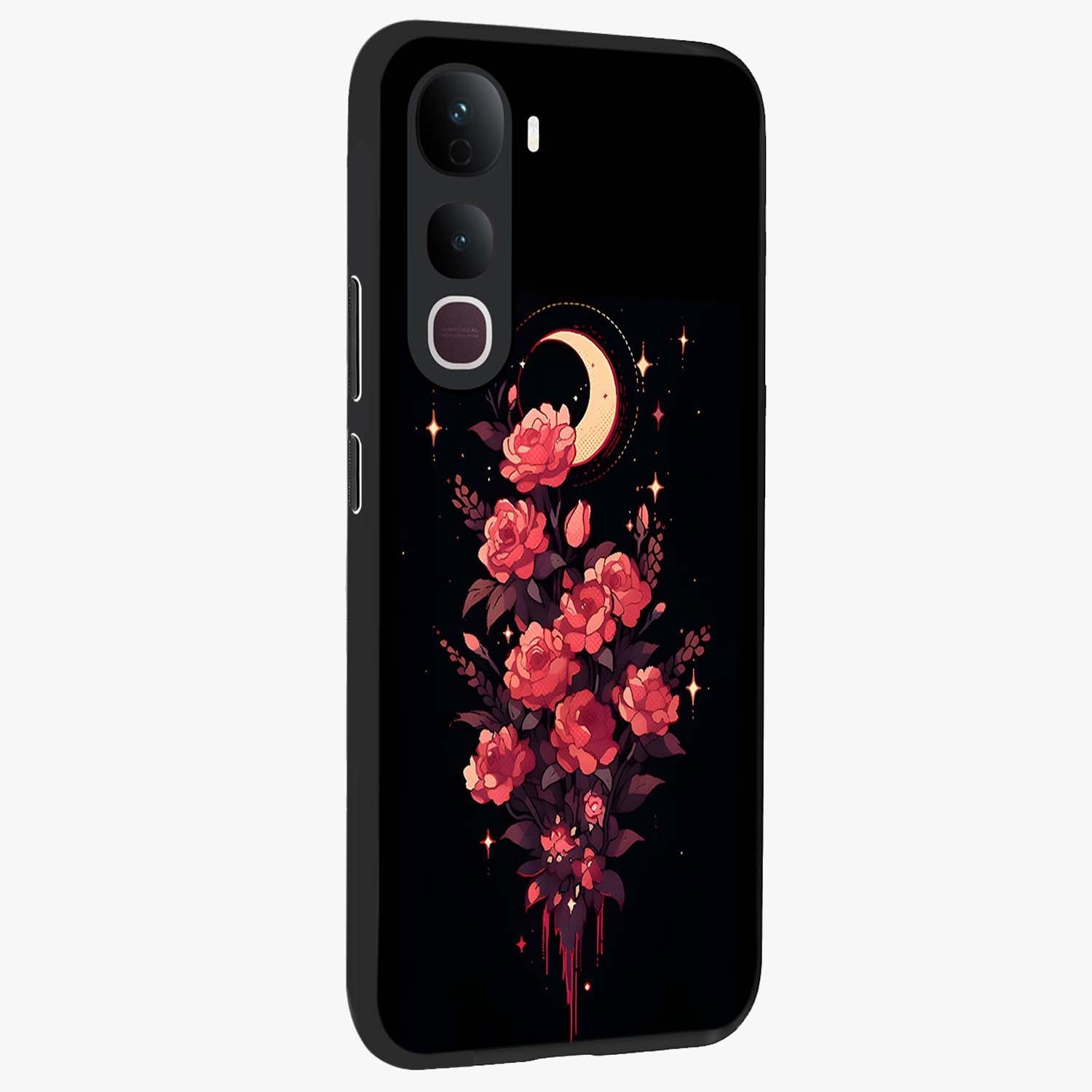 Moonlit Floral Elegance Glass Case upright view showcasing delicate floral artwork with refined night inspired theme.
