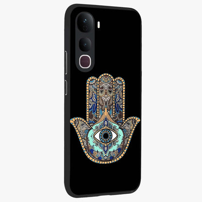 Mystic Hamsa Eye Glass Case upright view showcasing detailed hamsa eye artwork with protective spiritual theme.