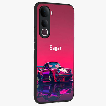 Neon Pink Porsche Glass Case upright view showcasing vibrant sports car artwork with bold automotive theme.