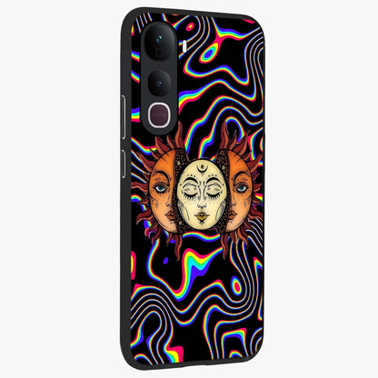 Psychedelic Sun Glass Case upright view showcasing trippy sun artwork with bold psychedelic theme.