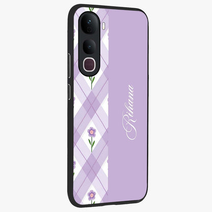 Purple Diamond Floral Glass Case upright view showcasing vibrant floral artwork with stylish geometric theme.