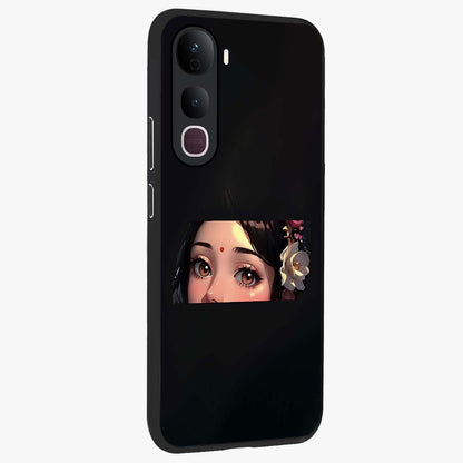 Radha Divine Embrace Glass Case upright view showcasing sacred Radha themed artwork with peaceful devotional style.