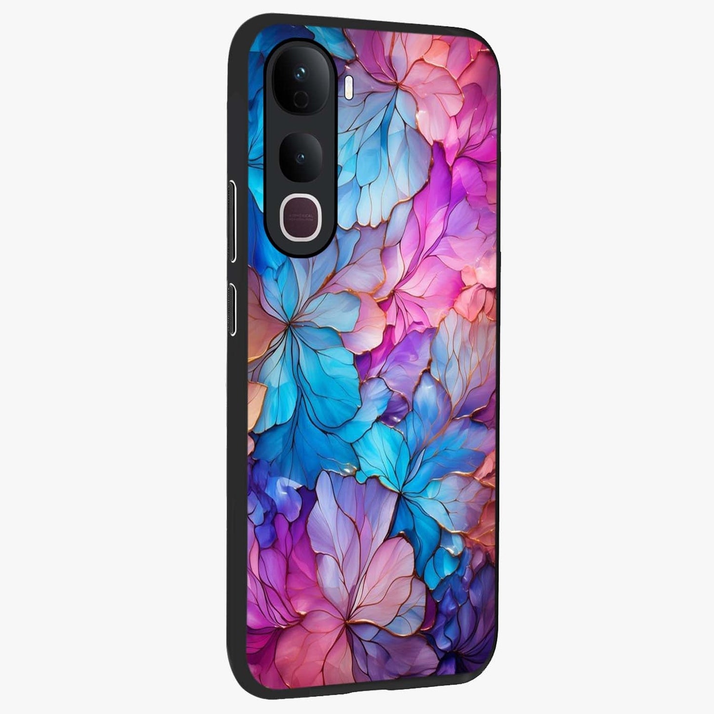 Radiant Floral Whirl Glass Case upright view showcasing lively floral artwork with decorative swirl theme.