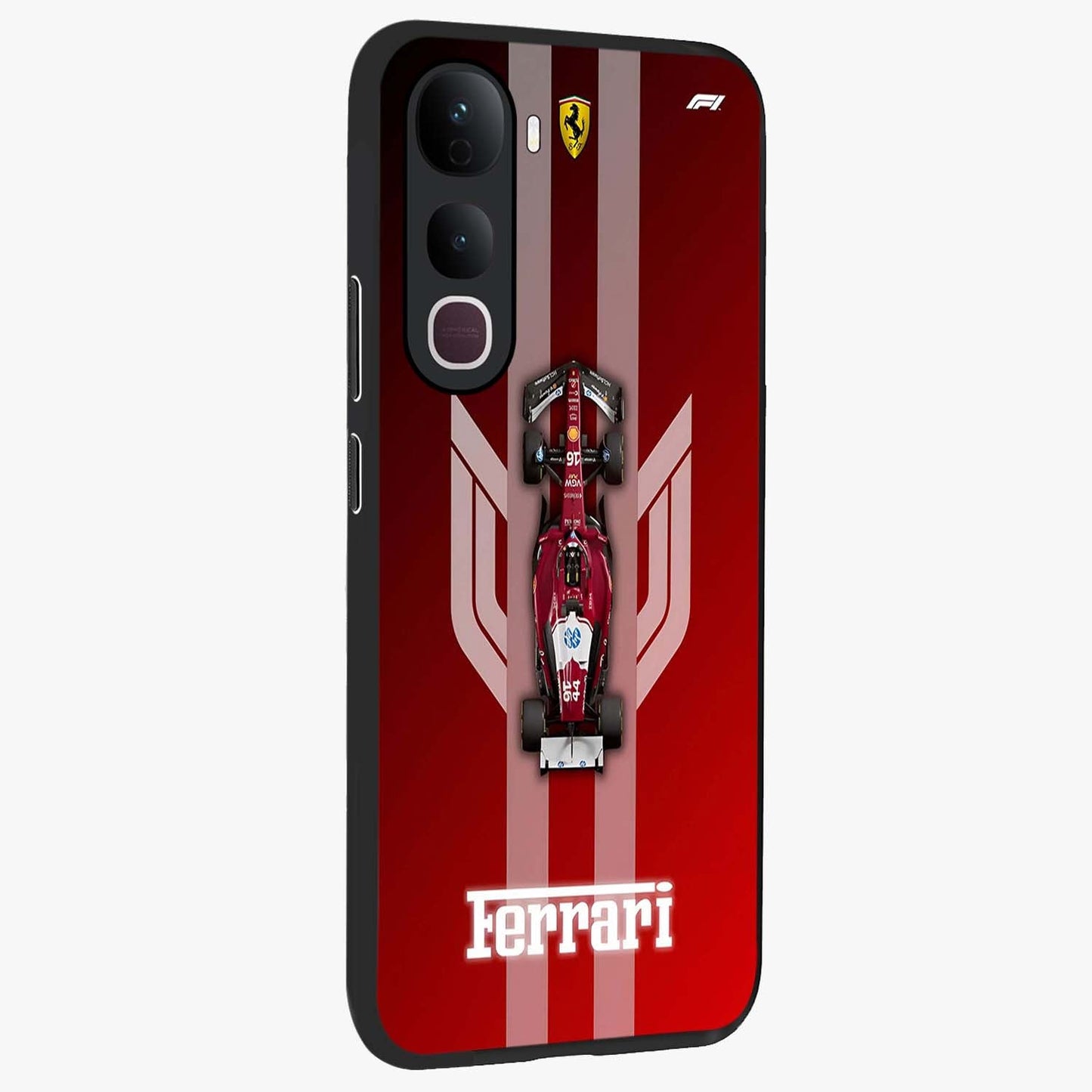 Red Ferrari F1 Vertical Glass Case upright view showcasing powerful Formula car artwork with dynamic motorsport theme.