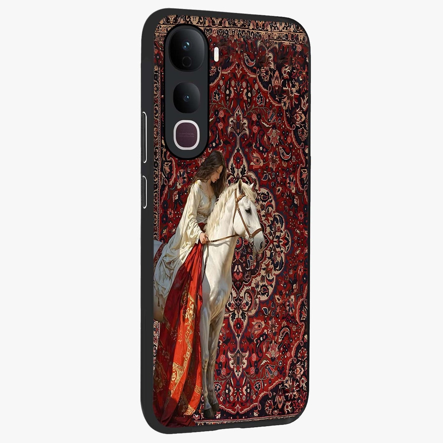 Royal Rider Tapestry Glass Case upright view showcasing detailed rider artwork with classic tapestry theme.