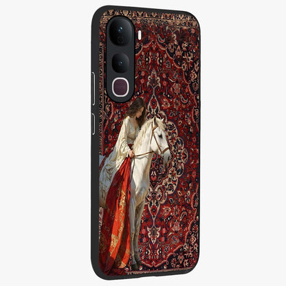 Royal Rider Tapestry Glass Case upright view showcasing detailed rider artwork with classic tapestry theme.