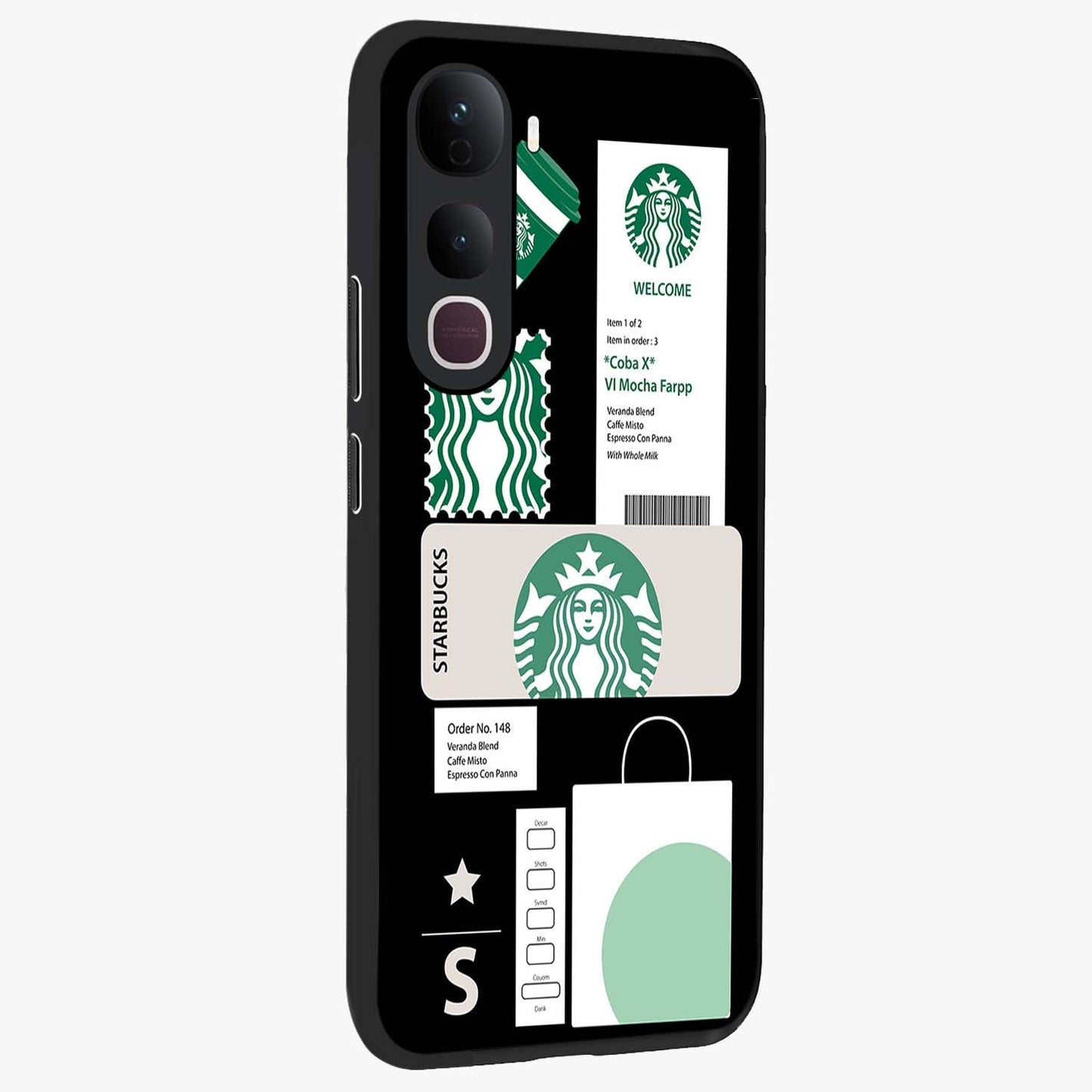 Starbucks Mocha Glass Case upright view showcasing trendy coffee inspired artwork with modern lifestyle theme.