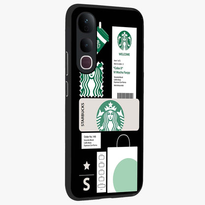 Starbucks Mocha Glass Case upright view showcasing trendy coffee inspired artwork with modern lifestyle theme.
