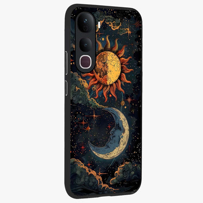 Sun And Moon Magic Design Glass Case upright view showcasing decorative sun and moon artwork with spiritual celestial theme.