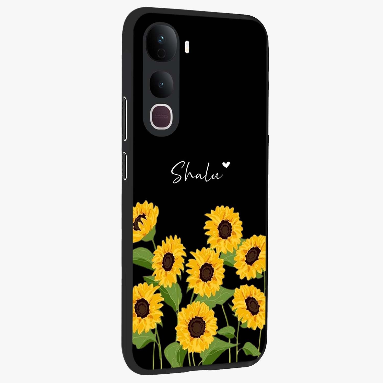 Sunflower Chic Mood Custom Name Glass Case upright view showcasing cheerful sunflower artwork with trendy floral theme.