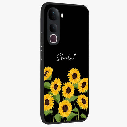 Sunflower Chic Mood Custom Name Glass Case upright view showcasing cheerful sunflower artwork with trendy floral theme.