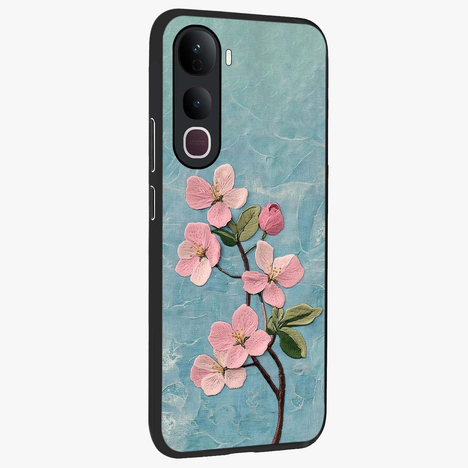 Threaded Blossom Breeze Glass Case upright view showcasing graceful flower artwork with calm botanical theme.