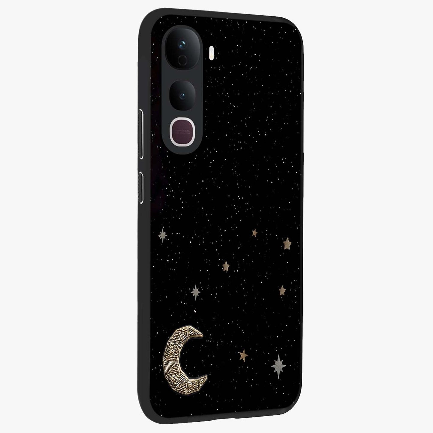 Twinkle Star With Half Moon Glass Case upright view showcasing glowing cosmic artwork with dreamy night theme.