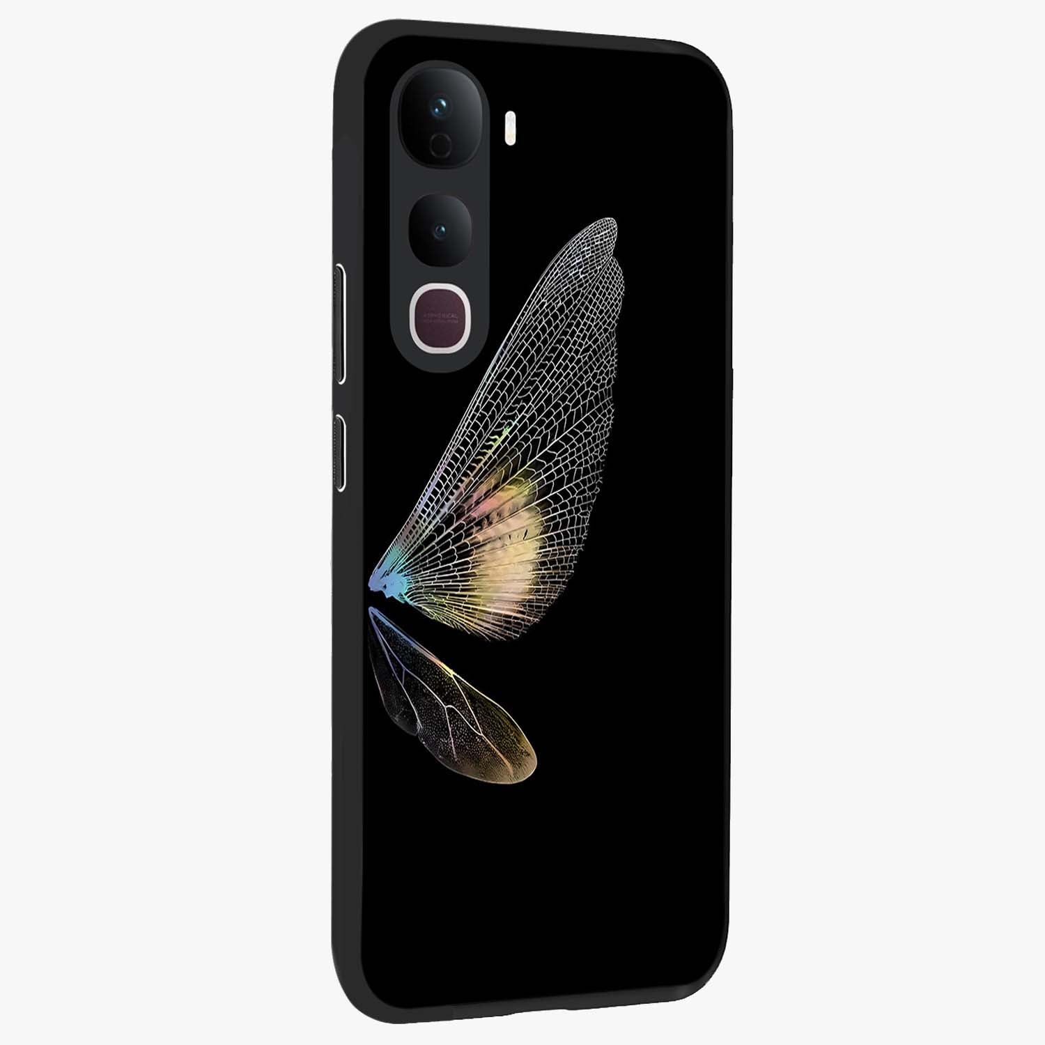 Whispers Of Wings Glass Case upright view showcasing elegant wing artwork with light airy theme.