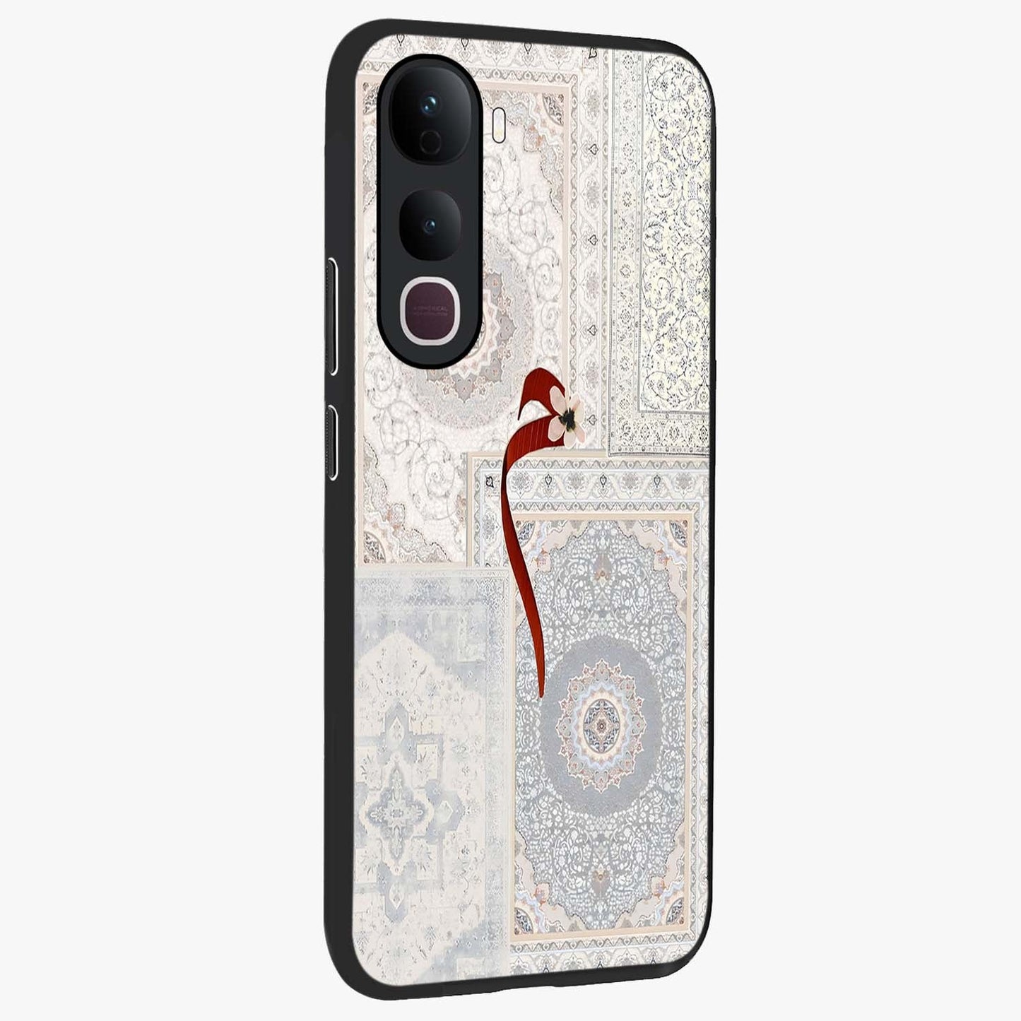 White Aesthetic Bow Glass Case upright view showcasing delicate ribbon bow artwork with cute minimalist theme.