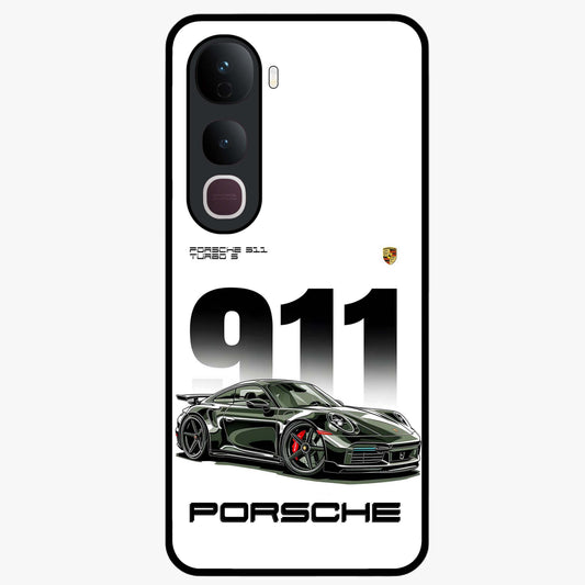911 Turbo Dominance Glass Case showing clean flat back view with bold 911 sports car artwork and glossy glass finish.