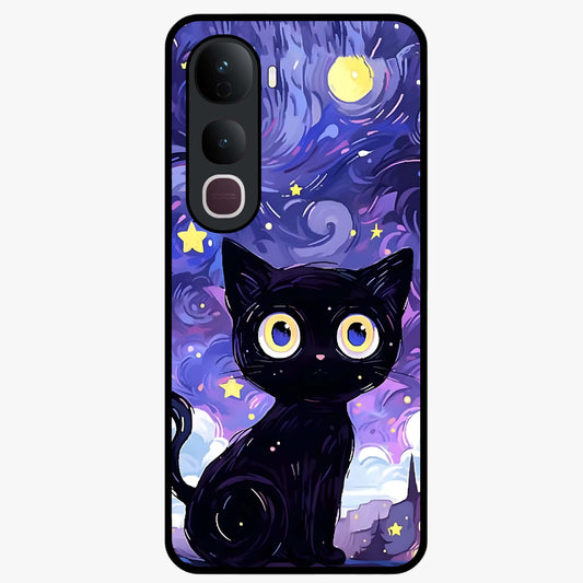 Abstract Cat Art Glass Case showing flat back view with artistic cat illustration and glossy glass finish.