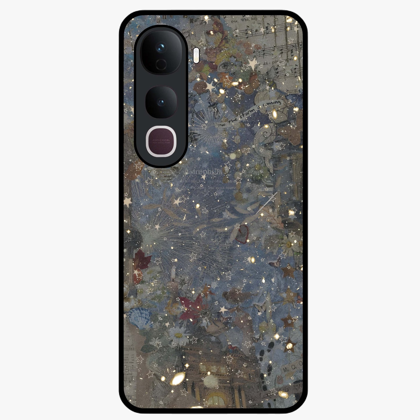 Aesthetic Astrolophia Glass Case showing flat back view with dreamy aesthetic design and glossy glass finish.