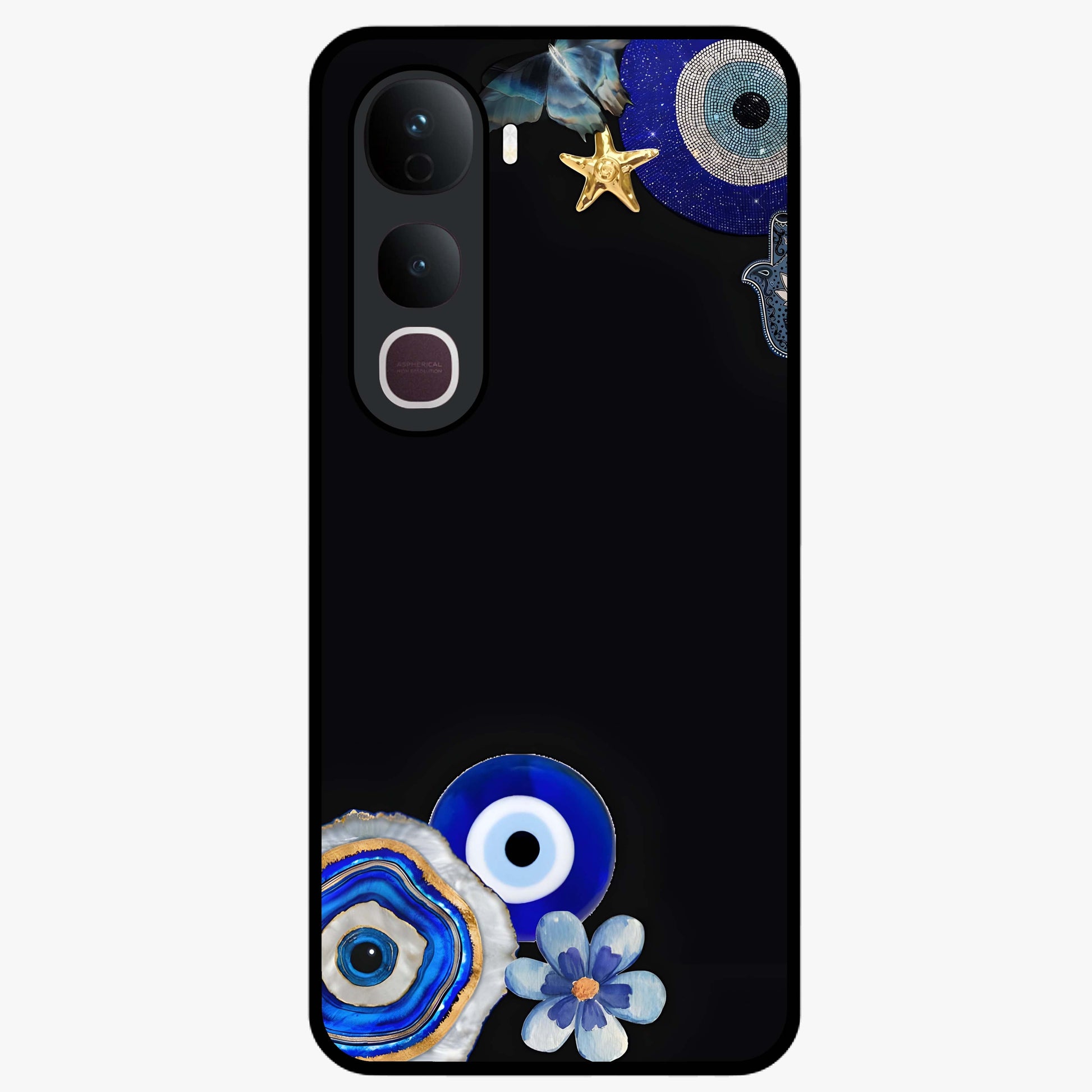 Aesthetic Blue Evil Eye Glass Case showing flat back view with protective evil eye artwork and glossy glass finish.