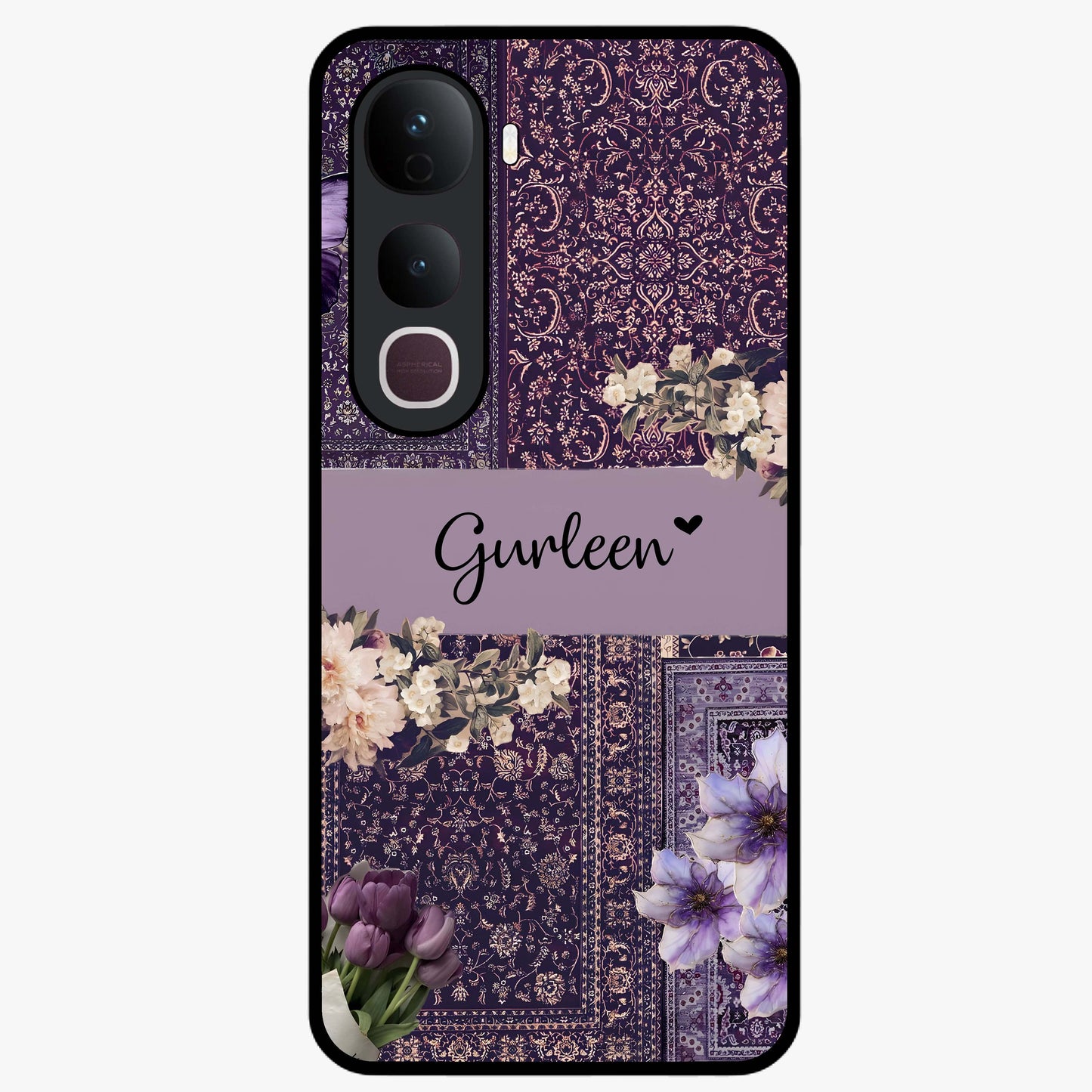 Antique Floral Whisper Custom Name Glass Case showing flat back view with vintage floral artwork and personalized name design.
