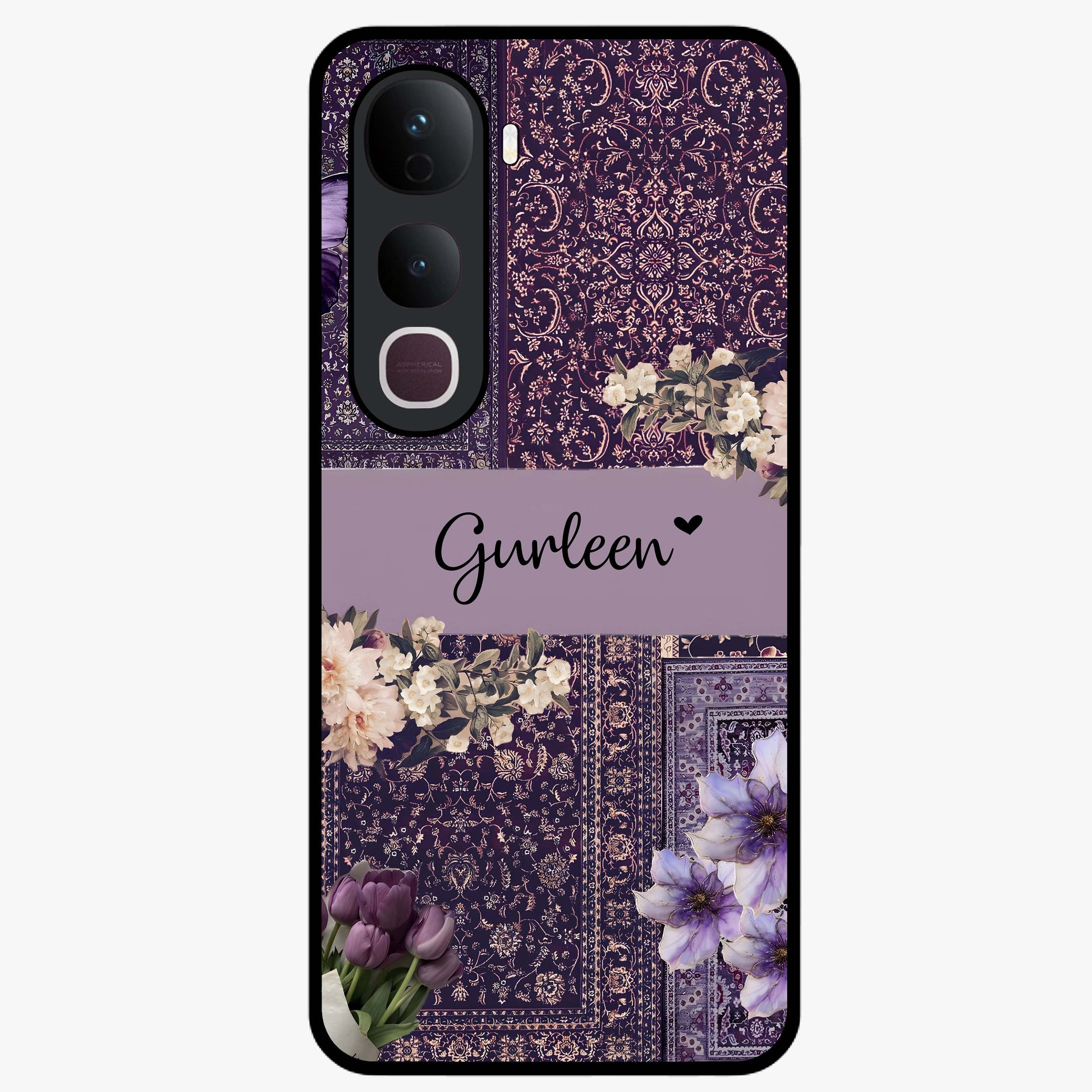 Antique Floral Whisper Custom Name Glass Case showing flat back view with vintage floral artwork and personalized name design.