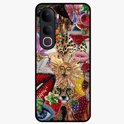 Beaded Fashion Jungle Glass Case showing flat back view with vibrant jungle inspired bead artwork and glossy glass finish.