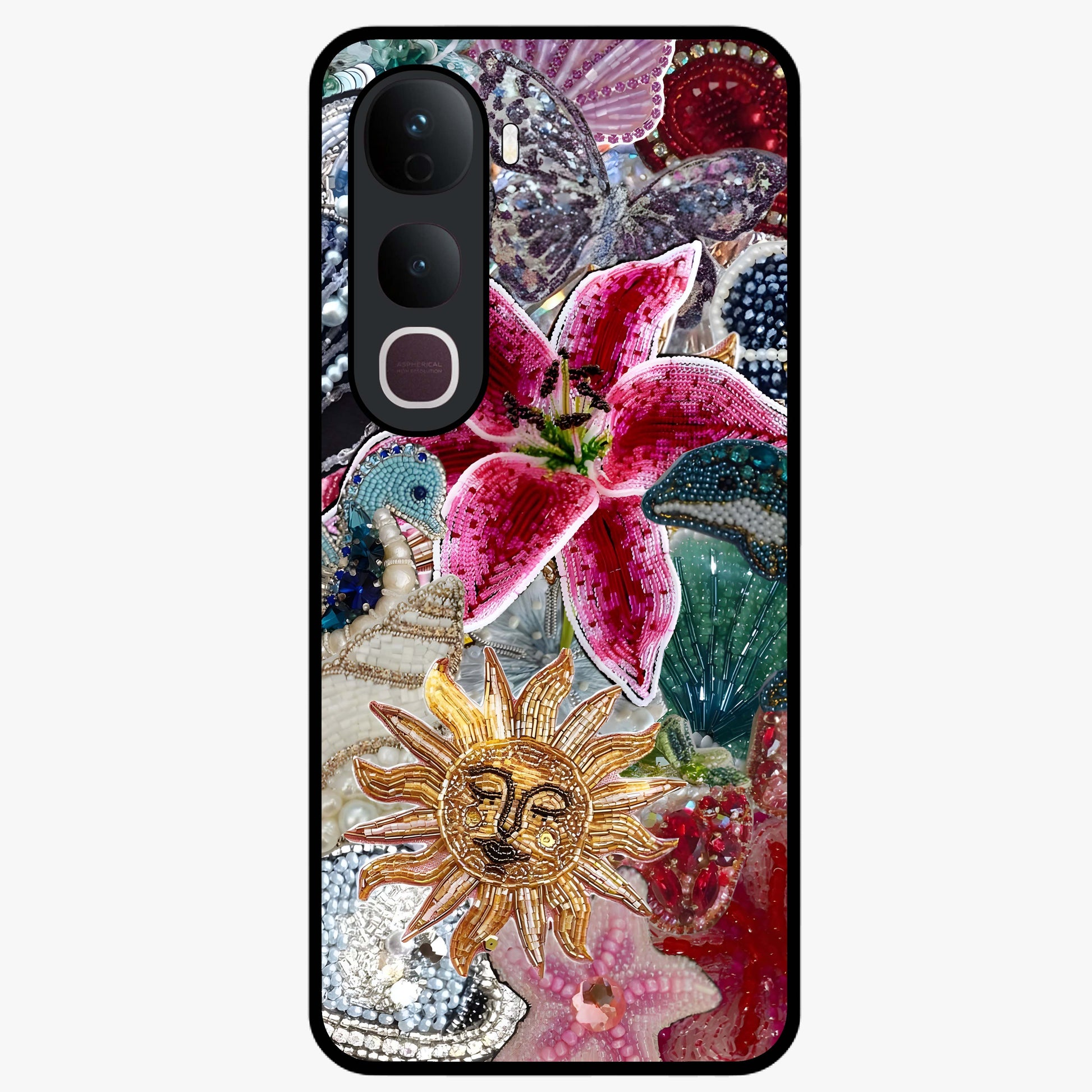 Beaded Garden Fantasy Glass Case showing flat back view with dreamy garden bead artwork and glossy glass finish.