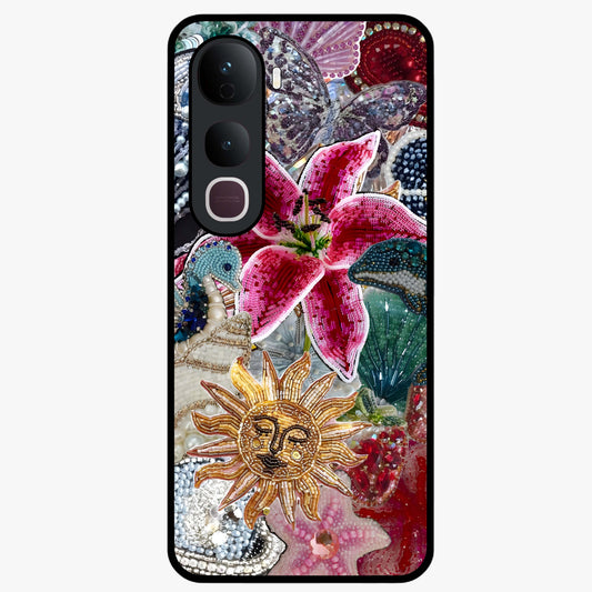 Beaded Garden Fantasy Glass Case showing flat back view with dreamy garden bead artwork and glossy glass finish.