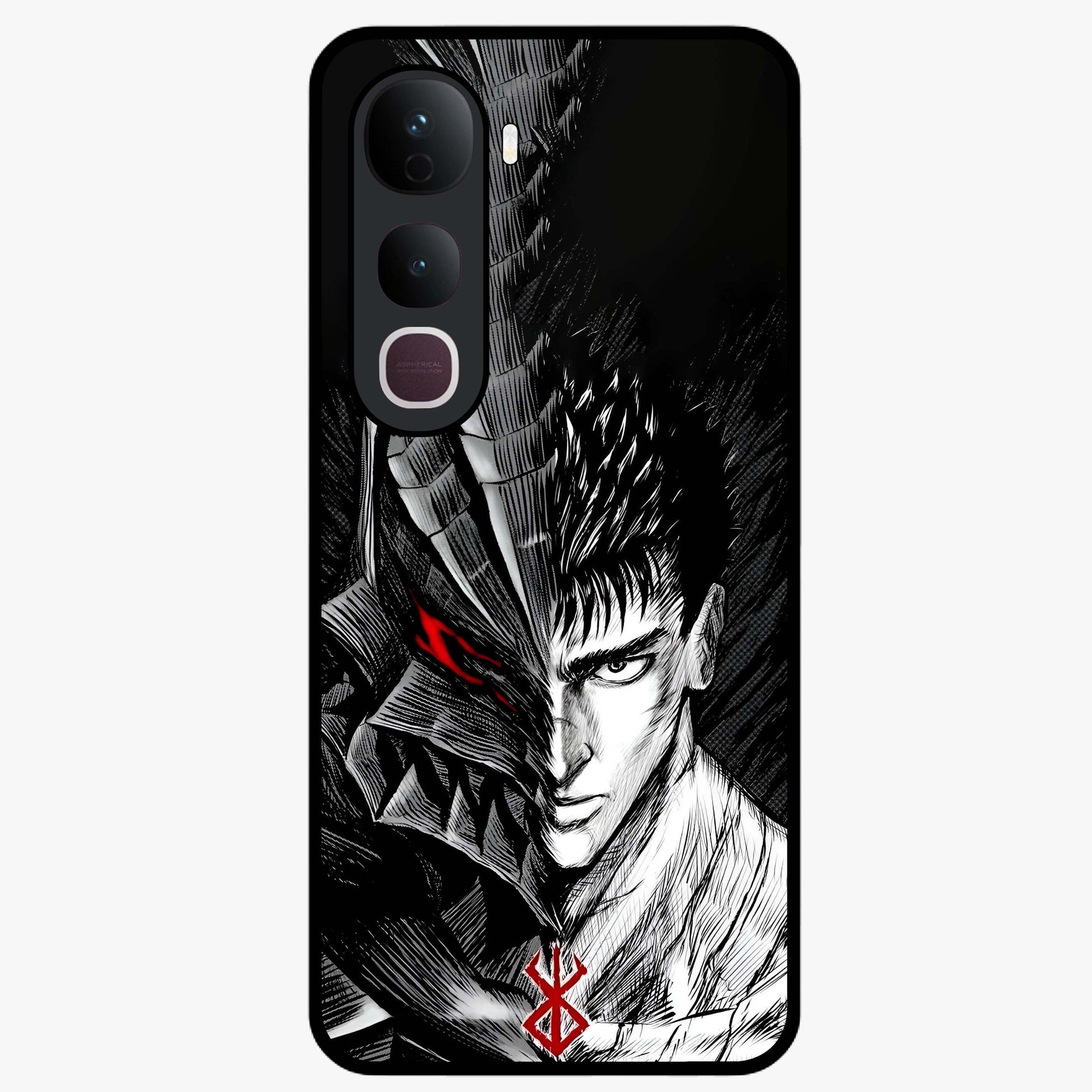 Berserker Blood Oath Glass Case showing flat back view with fierce warrior inspired artwork and glossy glass finish.