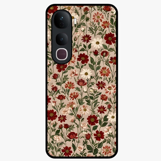 Biege Flower With Leaf Glass Case showing flat back view with soft beige floral artwork and glossy glass finish.