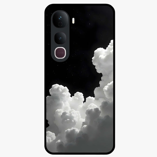 Black Background With White Cloud Glass Case showing flat back view with minimal cloud artwork on dark background and glossy glass finish.