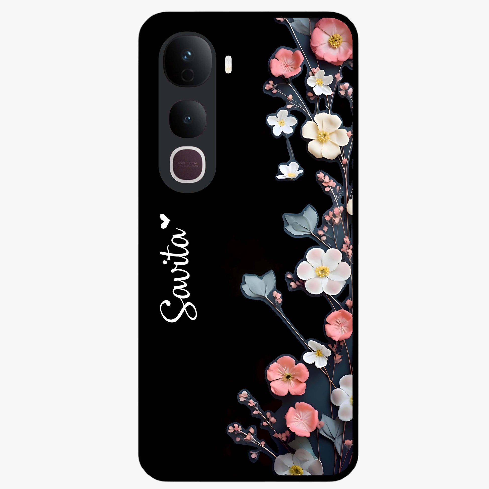 Black Elegance Floral Custom Name Glass Case showing flat back view with elegant floral artwork and personalized name design.