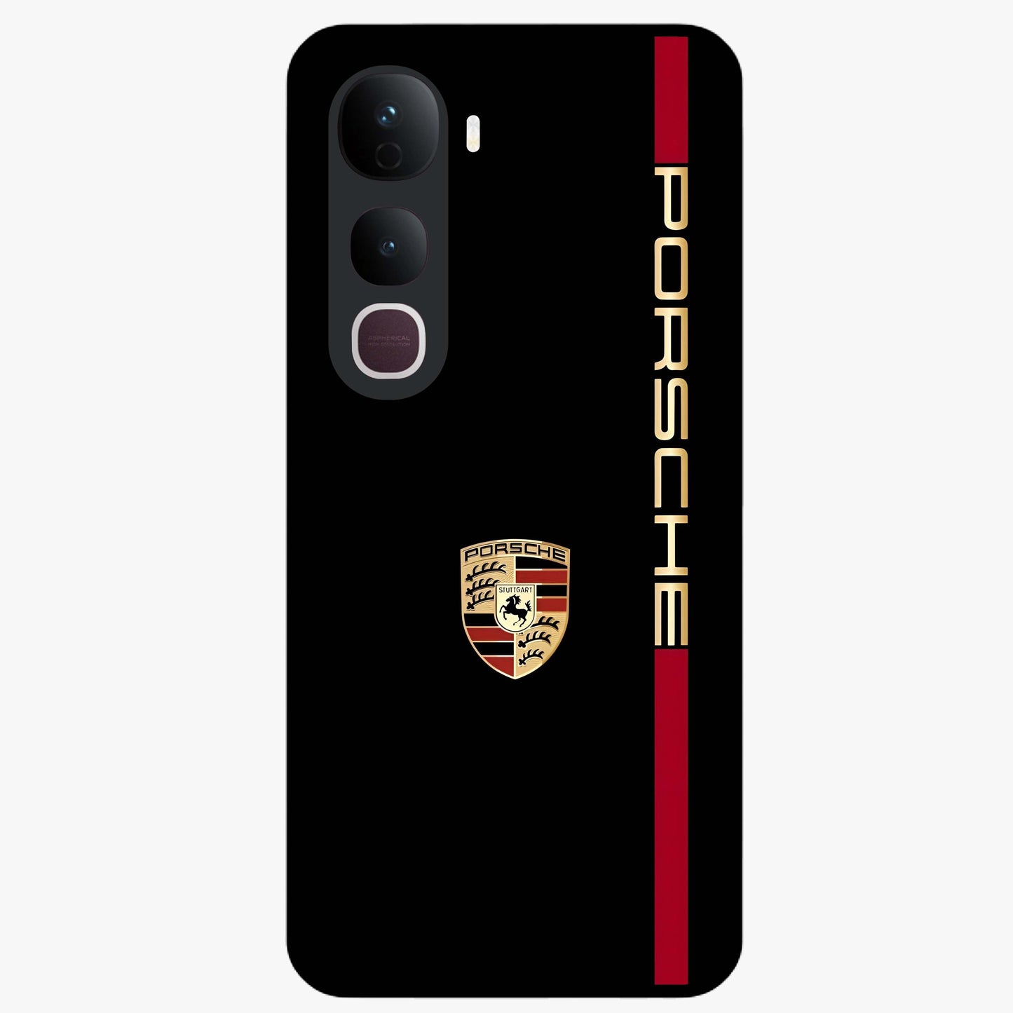 Black Minimal Porsche Glass Case showing flat back view with sleek minimal sports car artwork and glossy glass finish.