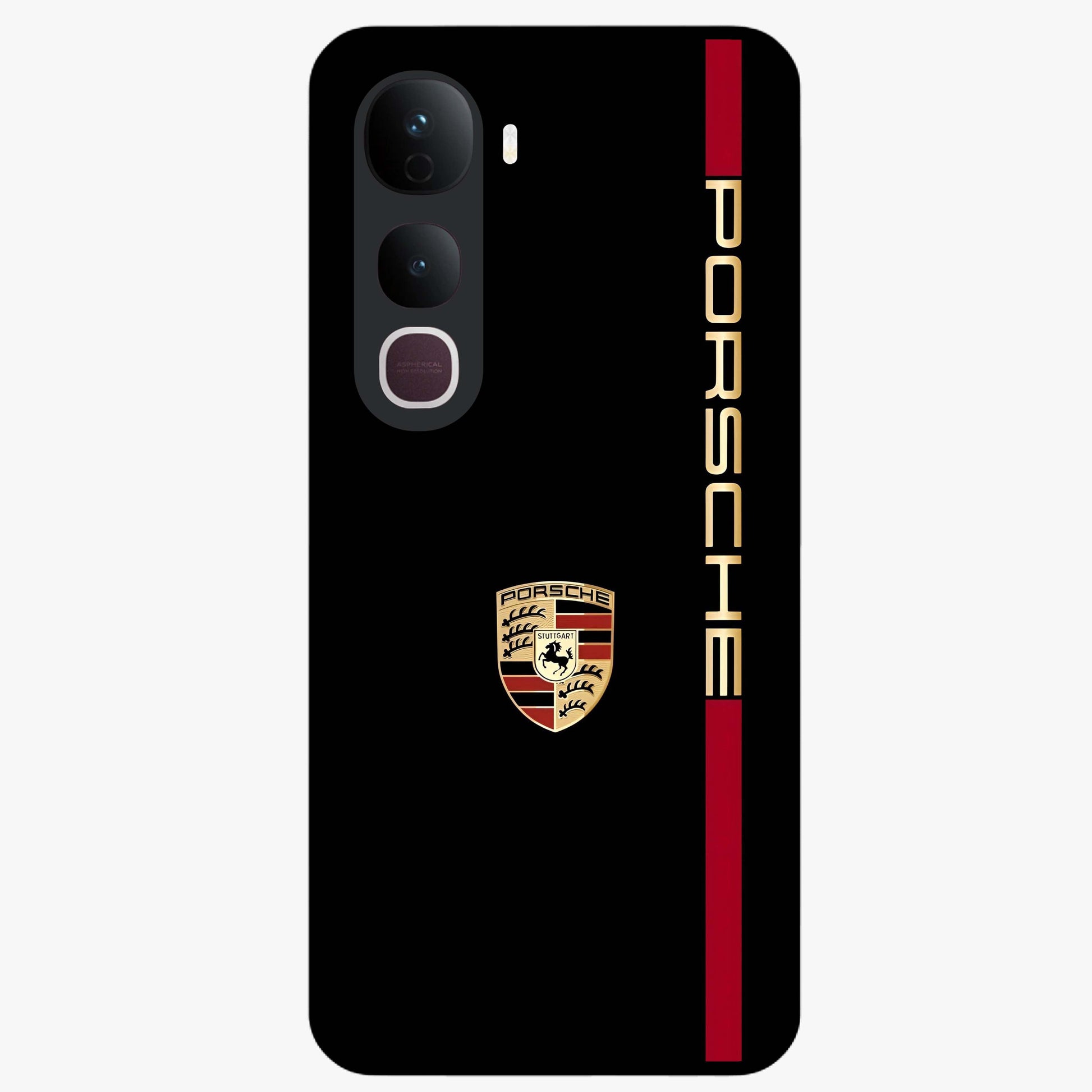 Black Minimal Porsche Glass Case showing flat back view with sleek minimal sports car artwork and glossy glass finish.