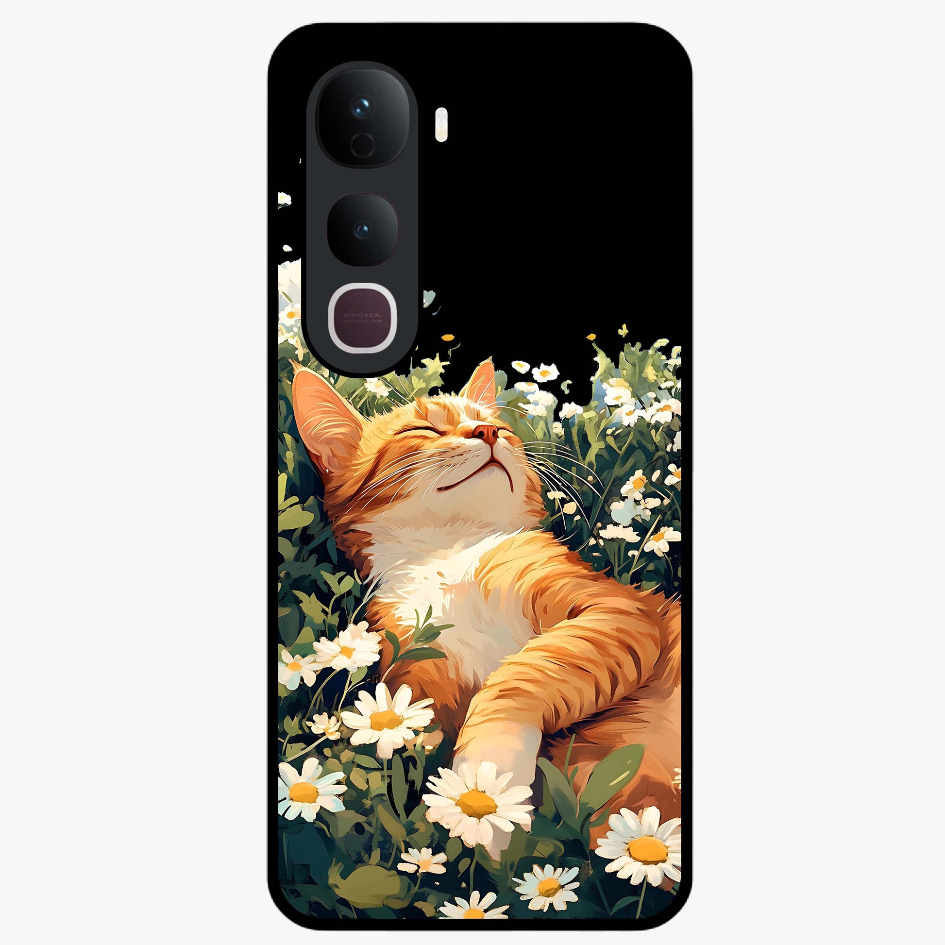 Blissful Bloom Cat Glass Case showing flat back view with cute cat and floral bloom artwork and glossy glass finish.