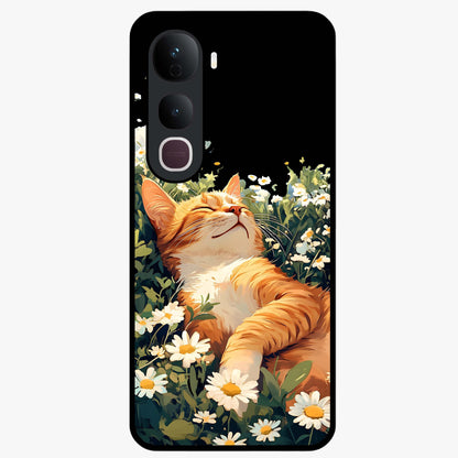 Blissful Bloom Cat Glass Case showing flat back view with cute cat and floral bloom artwork and glossy glass finish.