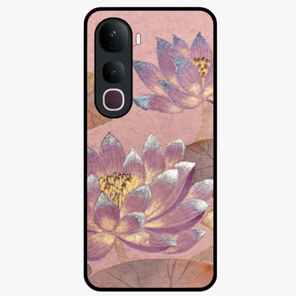 Blossom Mist Lotus Glass Case showing flat back view with serene lotus blossom artwork and glossy glass finish.